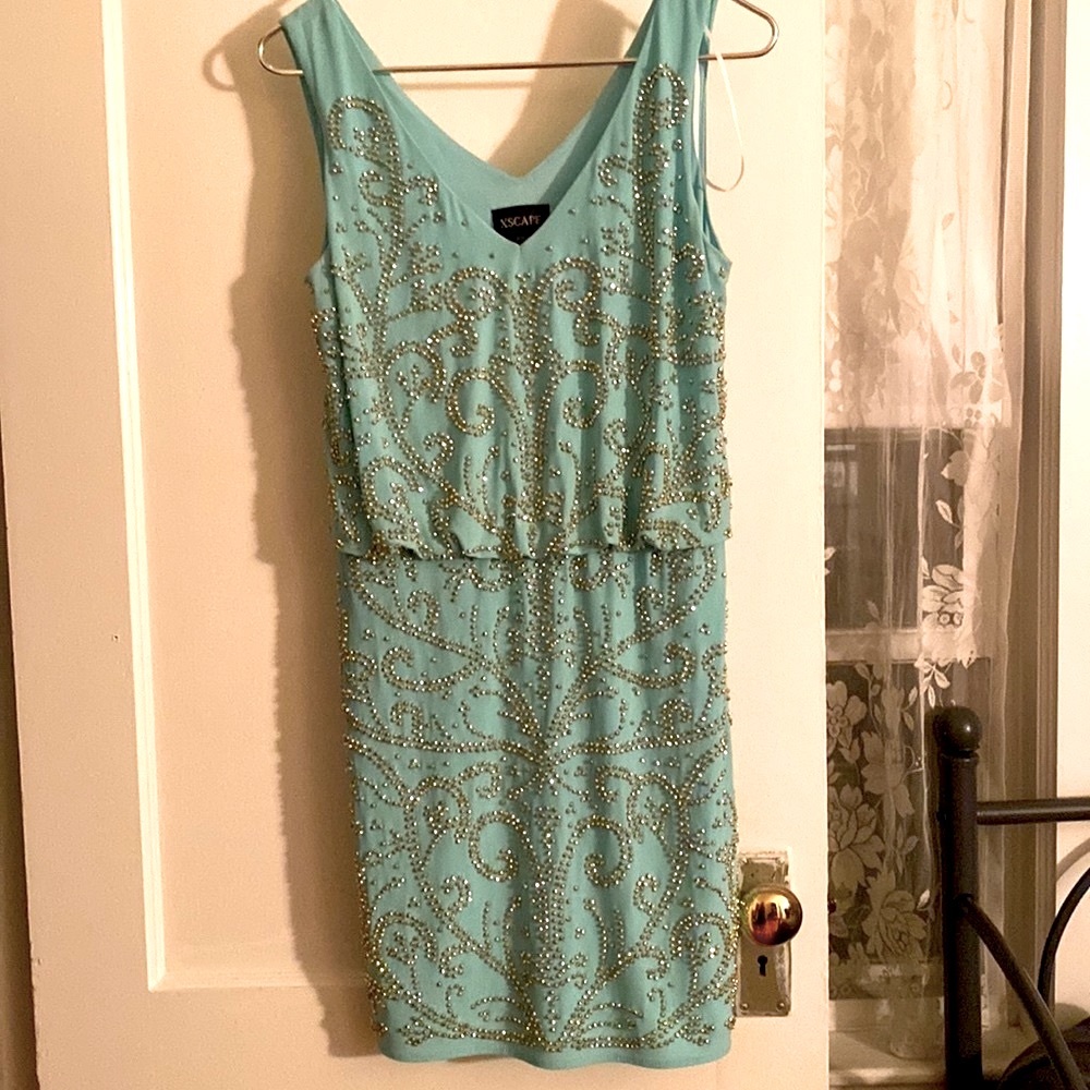 Sleeveless V neck beaded blouson mini Cocktail Party Dress silver rhinestones